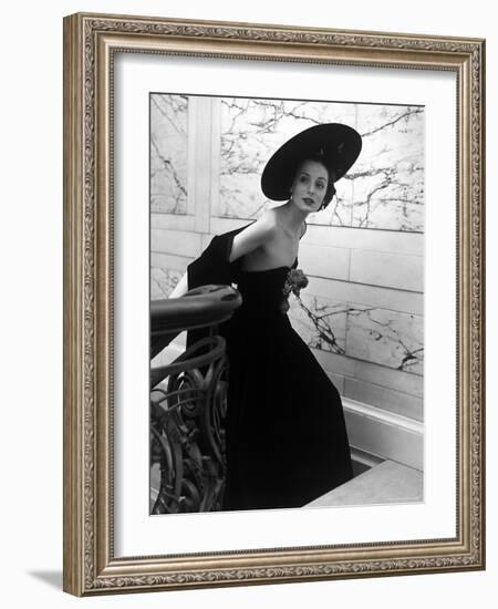 Restaurant Fashions: Cartwheel Hat, Strapless Evening Dress and Stole-Nina Leen-Framed Photographic Print