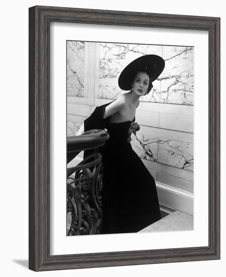 Restaurant Fashions: Cartwheel Hat, Strapless Evening Dress and Stole-Nina Leen-Framed Photographic Print