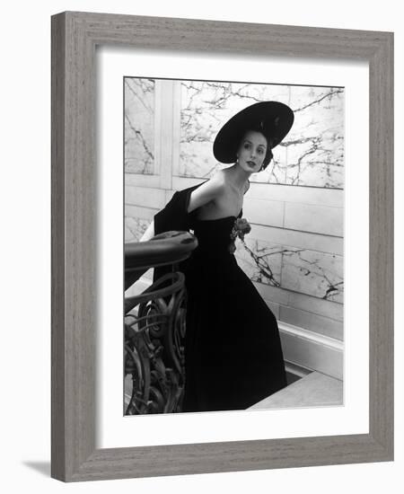 Restaurant Fashions: Cartwheel Hat, Strapless Evening Dress and Stole-Nina Leen-Framed Photographic Print