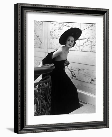 Restaurant Fashions: Cartwheel Hat, Strapless Evening Dress and Stole-Nina Leen-Framed Photographic Print