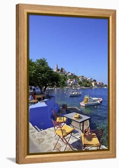 Restaurant in Symi Harbour, Symi, Dodecanese, Greek Islands, Greece, Europe-Neil Farrin-Framed Premier Image Canvas