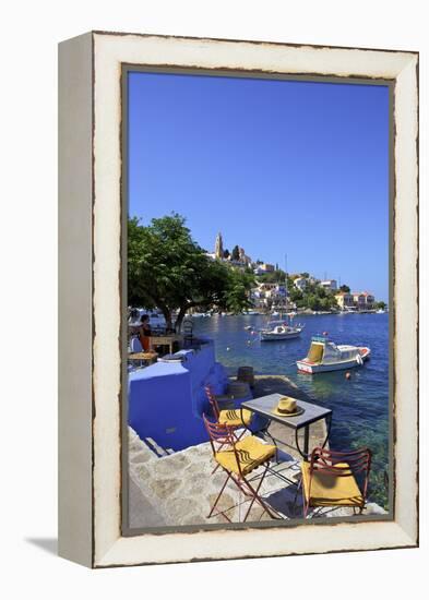 Restaurant in Symi Harbour, Symi, Dodecanese, Greek Islands, Greece, Europe-Neil Farrin-Framed Premier Image Canvas