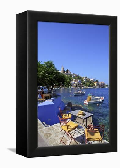 Restaurant in Symi Harbour, Symi, Dodecanese, Greek Islands, Greece, Europe-Neil Farrin-Framed Premier Image Canvas