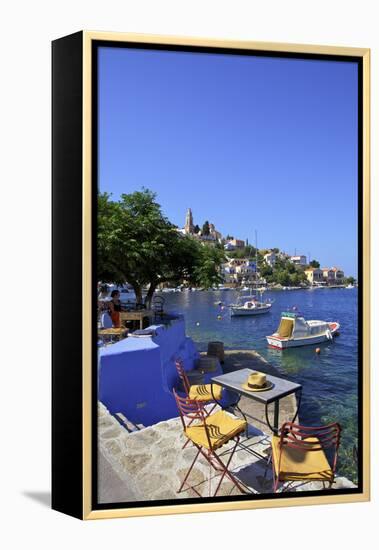 Restaurant in Symi Harbour, Symi, Dodecanese, Greek Islands, Greece, Europe-Neil Farrin-Framed Premier Image Canvas