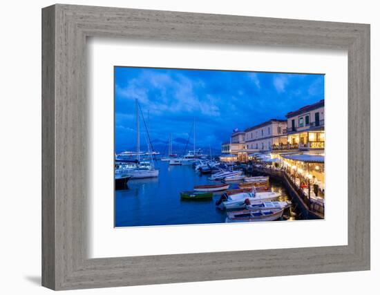 Restaurant, Naples Harbour with Mount Vesuvius in the Background at Dusk, Naples, Campania, Italy-Neil Farrin-Framed Photographic Print