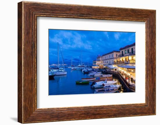 Restaurant, Naples Harbour with Mount Vesuvius in the Background at Dusk, Naples, Campania, Italy-Neil Farrin-Framed Photographic Print