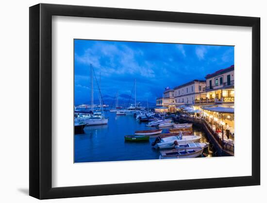 Restaurant, Naples Harbour with Mount Vesuvius in the Background at Dusk, Naples, Campania, Italy-Neil Farrin-Framed Photographic Print