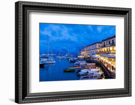 Restaurant, Naples Harbour with Mount Vesuvius in the Background at Dusk, Naples, Campania, Italy-Neil Farrin-Framed Photographic Print