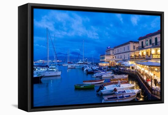 Restaurant, Naples Harbour with Mount Vesuvius in the Background at Dusk, Naples, Campania, Italy-Neil Farrin-Framed Premier Image Canvas