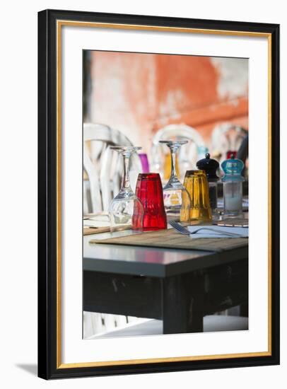 Restaurant Table Detail, Nonza, Le Cap Corse, Corsica, France-Walter Bibikow-Framed Photographic Print