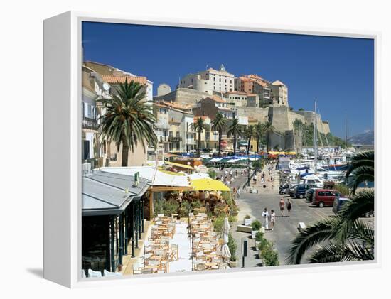 Restaurants in the Old Port with the Citadel in the Background, Calvi, Corsica-Peter Thompson-Framed Premier Image Canvas