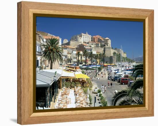 Restaurants in the Old Port with the Citadel in the Background, Calvi, Corsica-Peter Thompson-Framed Premier Image Canvas