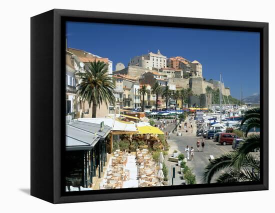 Restaurants in the Old Port with the Citadel in the Background, Calvi, Corsica-Peter Thompson-Framed Premier Image Canvas