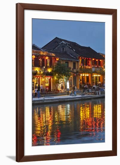 Restaurants reflected in Thu Bon River at dusk, Hoi An, Vietnam-David Wall-Framed Premium Photographic Print