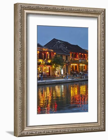 Restaurants reflected in Thu Bon River at dusk, Hoi An, Vietnam-David Wall-Framed Photographic Print