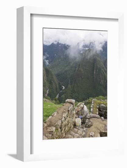 Restoration work at the Inca ruins of Machu Picchu, UNESCO World Heritage Site, Peru, South America-Julio Etchart-Framed Photographic Print