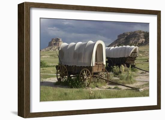 Restored Covered Wagons (Conestoga Wagon at Rear), at Scotts Bluff on the Oregon Trail in Nebraska-null-Framed Photographic Print