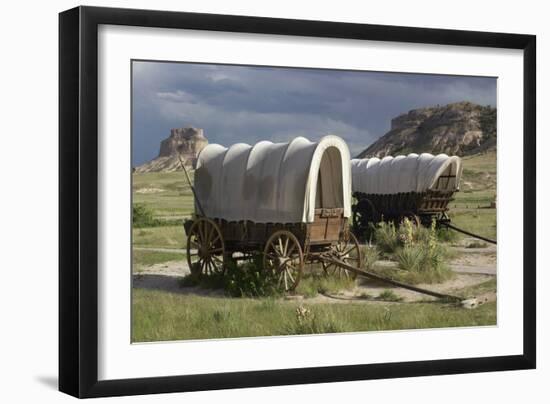 Restored Covered Wagons (Conestoga Wagon at Rear), at Scotts Bluff on the Oregon Trail in Nebraska-null-Framed Photographic Print