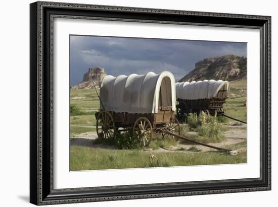 Restored Covered Wagons (Conestoga Wagon at Rear), at Scotts Bluff on the Oregon Trail in Nebraska-null-Framed Photographic Print