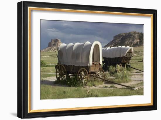 Restored Covered Wagons (Conestoga Wagon at Rear), at Scotts Bluff on the Oregon Trail in Nebraska-null-Framed Photographic Print