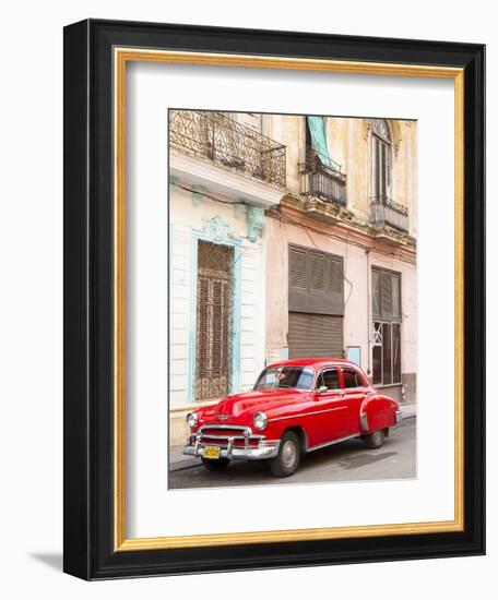 Restrored Red American Car Pakred Outside Faded Colonial Buildings, Havana, Cuba-Lee Frost-Framed Photographic Print