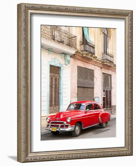 Restrored Red American Car Pakred Outside Faded Colonial Buildings, Havana, Cuba-Lee Frost-Framed Photographic Print