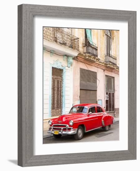 Restrored Red American Car Pakred Outside Faded Colonial Buildings, Havana, Cuba-Lee Frost-Framed Photographic Print