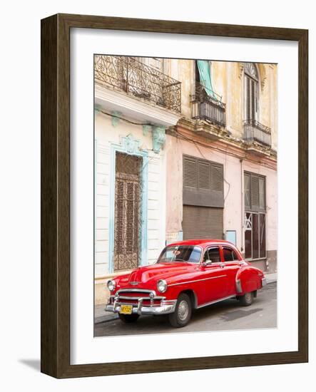 Restrored Red American Car Pakred Outside Faded Colonial Buildings, Havana, Cuba-Lee Frost-Framed Photographic Print