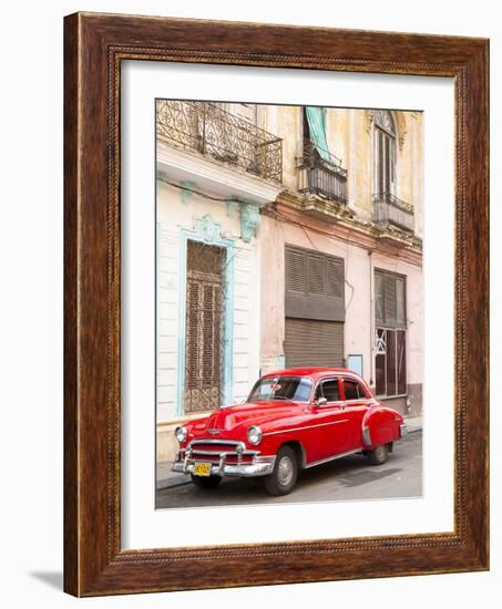 Restrored Red American Car Pakred Outside Faded Colonial Buildings, Havana, Cuba-Lee Frost-Framed Photographic Print