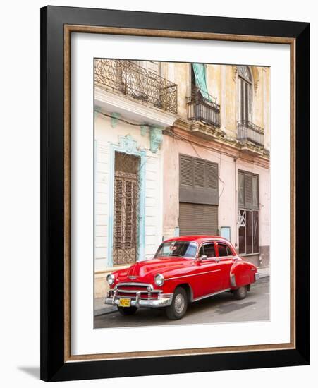 Restrored Red American Car Pakred Outside Faded Colonial Buildings, Havana, Cuba-Lee Frost-Framed Photographic Print