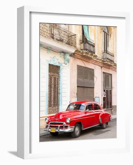 Restrored Red American Car Pakred Outside Faded Colonial Buildings, Havana, Cuba-Lee Frost-Framed Photographic Print