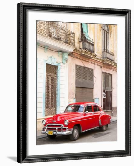 Restrored Red American Car Pakred Outside Faded Colonial Buildings, Havana, Cuba-Lee Frost-Framed Photographic Print