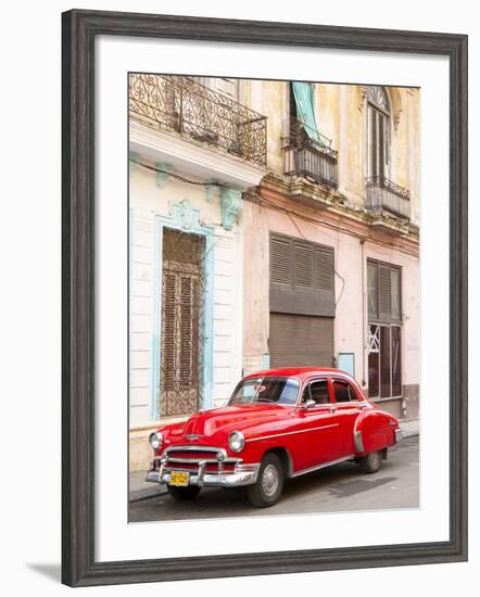 Restrored Red American Car Pakred Outside Faded Colonial Buildings, Havana, Cuba-Lee Frost-Framed Photographic Print