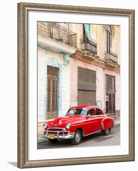 Restrored Red American Car Pakred Outside Faded Colonial Buildings, Havana, Cuba-Lee Frost-Framed Photographic Print
