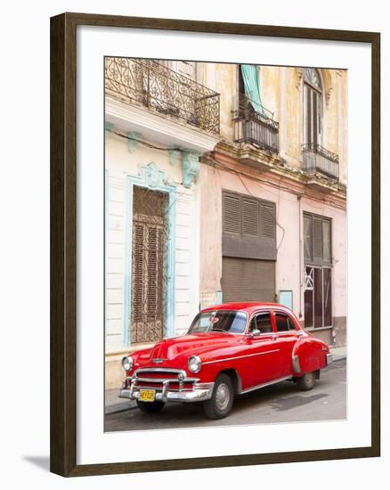 Restrored Red American Car Pakred Outside Faded Colonial Buildings, Havana, Cuba-Lee Frost-Framed Photographic Print