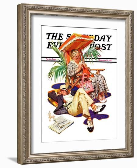 "Retired Couple at Beach," Saturday Evening Post Cover, February 20, 1937-Joseph Christian Leyendecker-Framed Giclee Print