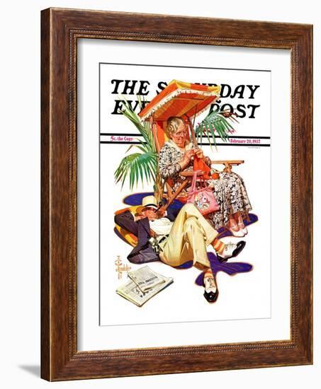 "Retired Couple at Beach," Saturday Evening Post Cover, February 20, 1937-Joseph Christian Leyendecker-Framed Giclee Print