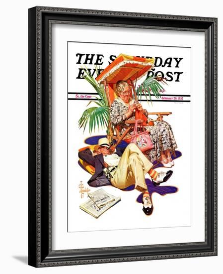 "Retired Couple at Beach," Saturday Evening Post Cover, February 20, 1937-Joseph Christian Leyendecker-Framed Giclee Print