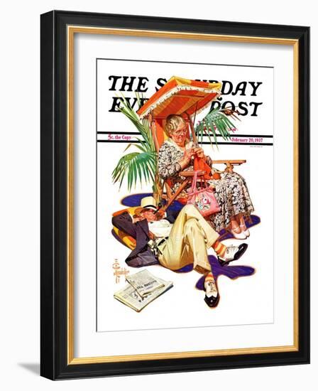 "Retired Couple at Beach," Saturday Evening Post Cover, February 20, 1937-Joseph Christian Leyendecker-Framed Giclee Print