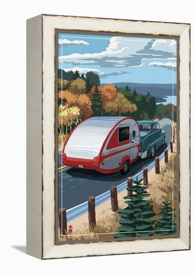 Retro Camper on Road-Lantern Press-Framed Stretched Canvas