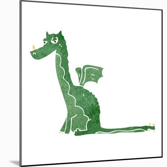 Retro Cartoon Sitting Dragon-lineartestpilot-Mounted Art Print