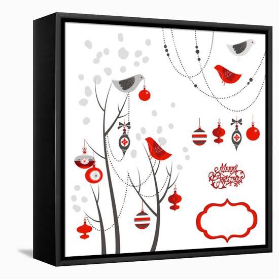 Retro Christmas Card with Two Birds, White Snowflakes, Winter Trees and Baubles-Alisa Foytik-Framed Stretched Canvas