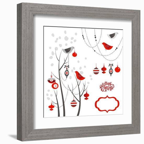 Retro Christmas Card with Two Birds, White Snowflakes, Winter Trees and Baubles-Alisa Foytik-Framed Art Print