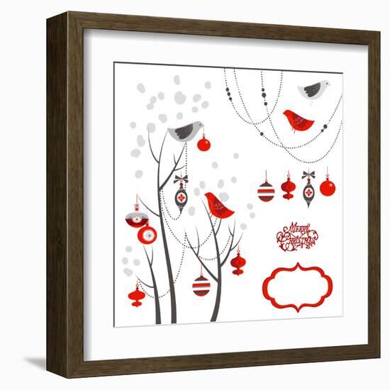 Retro Christmas Card with Two Birds, White Snowflakes, Winter Trees and Baubles-Alisa Foytik-Framed Art Print