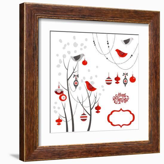 Retro Christmas Card with Two Birds, White Snowflakes, Winter Trees and Baubles-Alisa Foytik-Framed Art Print