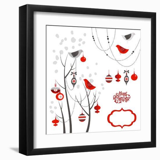 Retro Christmas Card with Two Birds, White Snowflakes, Winter Trees and Baubles-Alisa Foytik-Framed Art Print