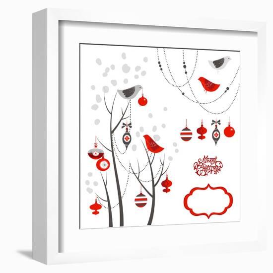 Retro Christmas Card with Two Birds, White Snowflakes, Winter Trees and Baubles-Alisa Foytik-Framed Art Print