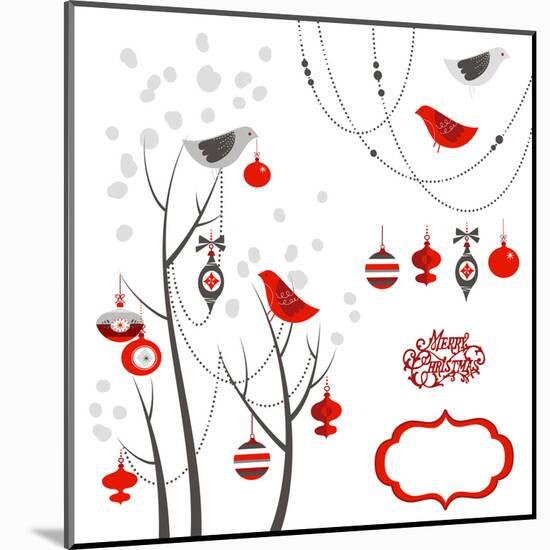 Retro Christmas Card with Two Birds, White Snowflakes, Winter Trees and Baubles-Alisa Foytik-Mounted Art Print
