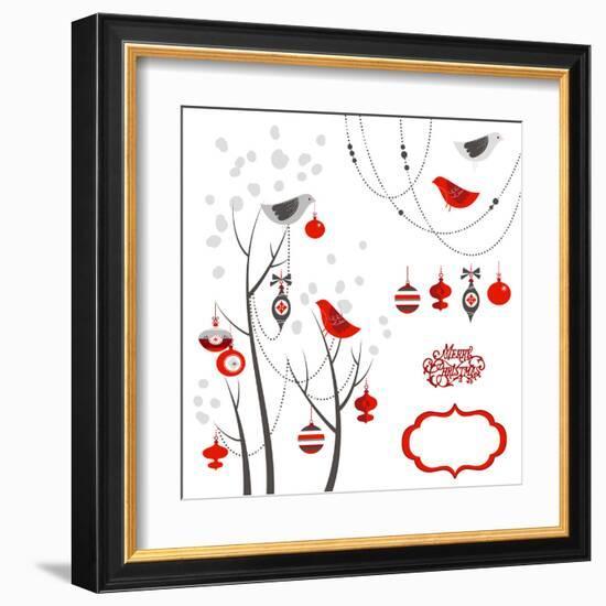 Retro Christmas Card with Two Birds, White Snowflakes, Winter Trees and Baubles-Alisa Foytik-Framed Art Print