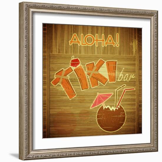 Retro Design Tiki Bar Menu On Wooden Background-elfivetrov-Framed Premium Giclee Print